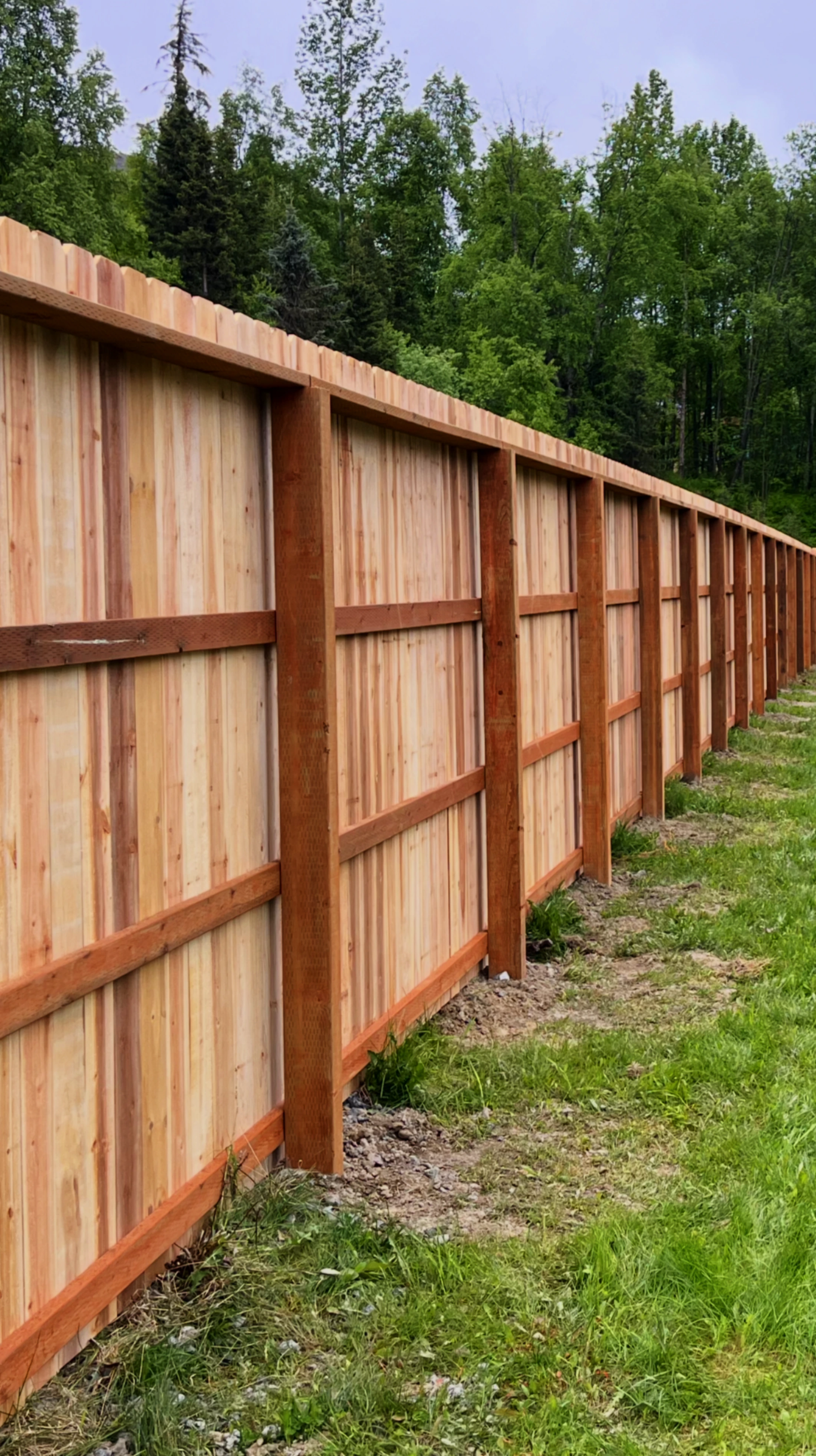 Tall 4-rail cedar privacy fence with horizontal backed framing built in Alaska